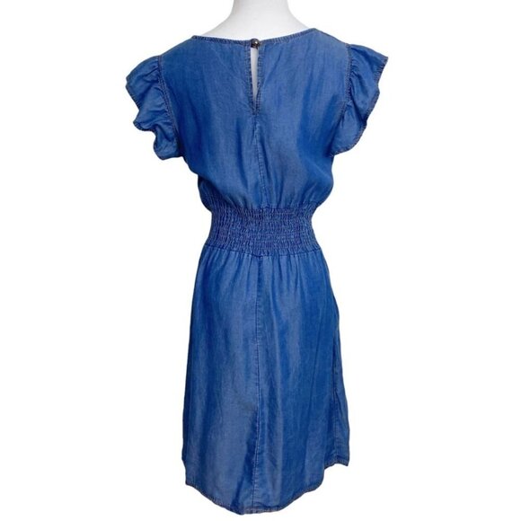NEW COLLECTION MADE IN ITALY BLUE DENIM RUFFLE CAP SLEEVE WAIST TIE MINI DRESS - Picture 3 of 8